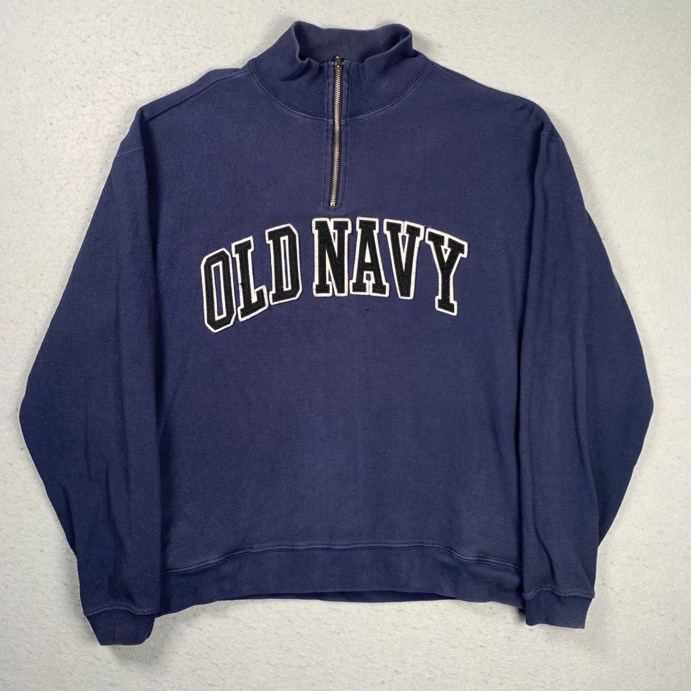 Vintage Old Navy Quarter Zip Pullover Mens M Blue Waffle Knit Logo Sweatshirt - Picture 1 of 12